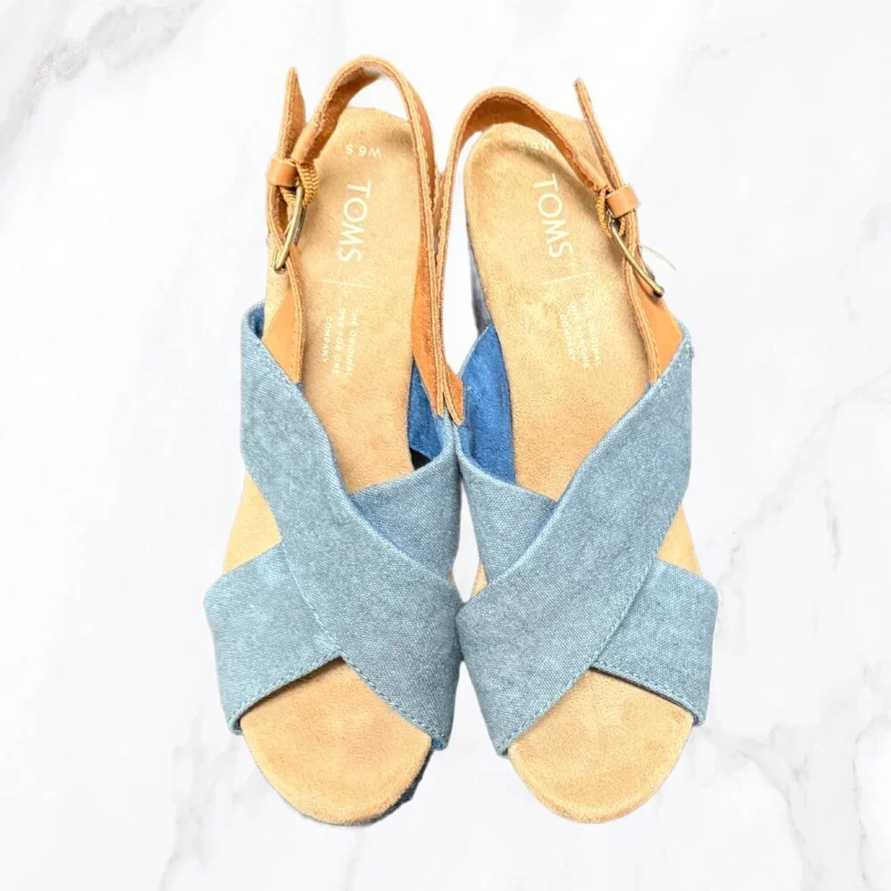 TOMS‎ Women's Denim Blue Raffia Wedge Sandals, Size 6.5